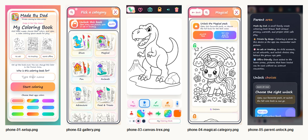 Five screens from the app